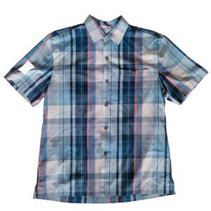Tommy Bahama Madras Magic Island Blue Pink Zone Camp Shirt Size M